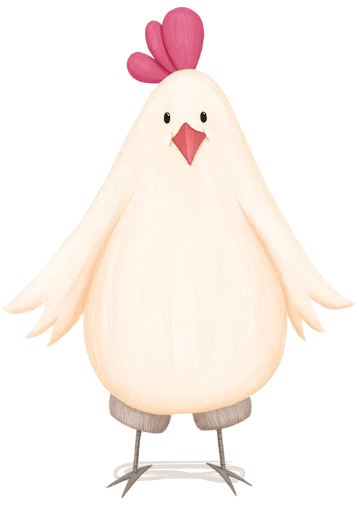 Cute cartoon chicken with a round white body, pink comb, and small black eyes standing upright.
